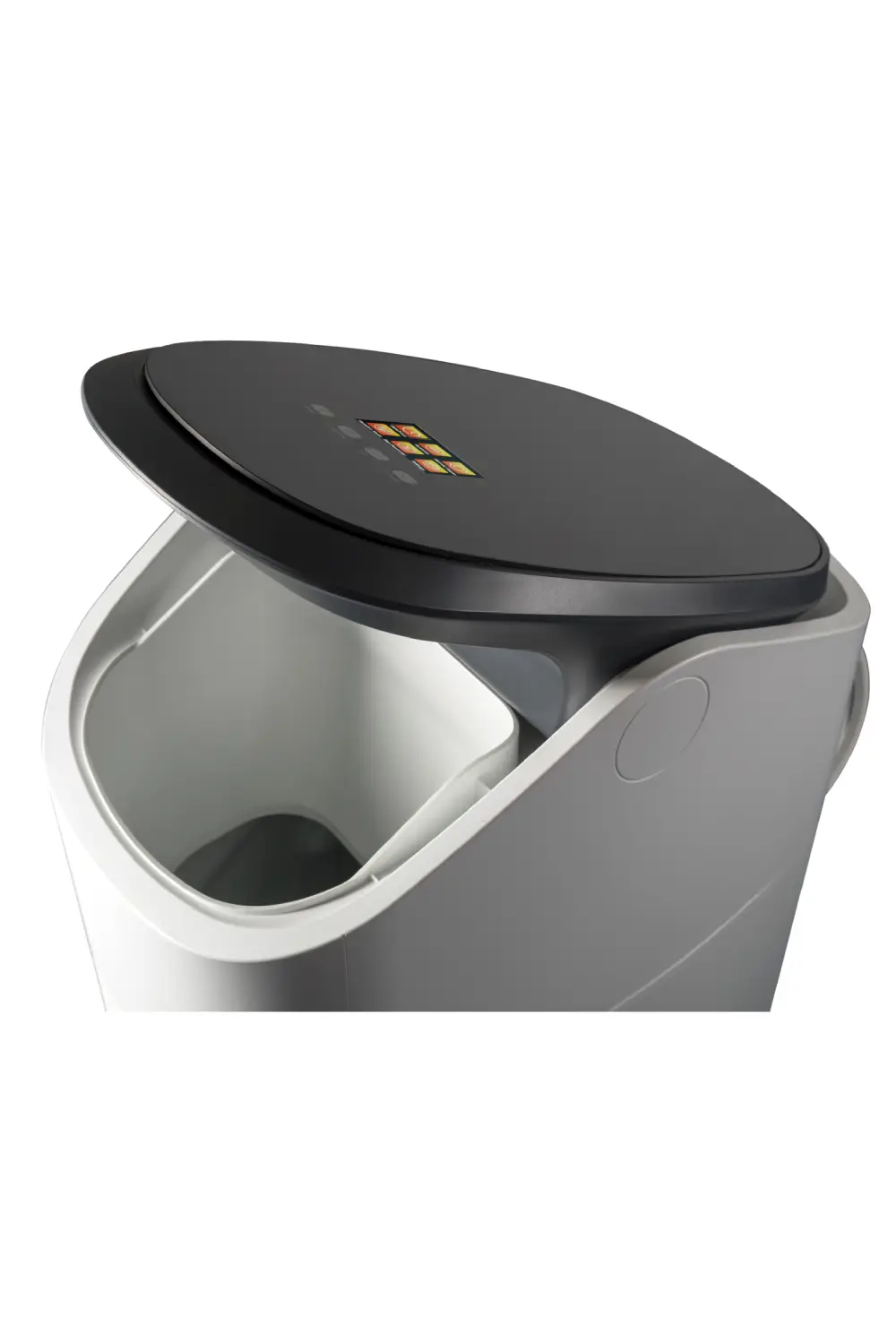 Adoucisseur FL7830 marque fluid'o bac gris et capot noir. écran digital capot ouvert